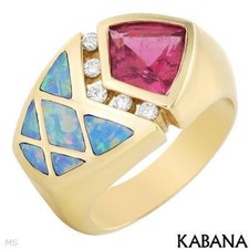 Kabana 14K Yellow Gold Ring 1.35 ctw Rubellite, Diamonds & Opal. Size 6.5. New