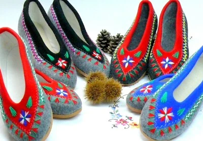WOOLLEN FELT SLIPPERS 100% LADIES HANDMADE AND HAND-EMBROIDERED ALL SIZES