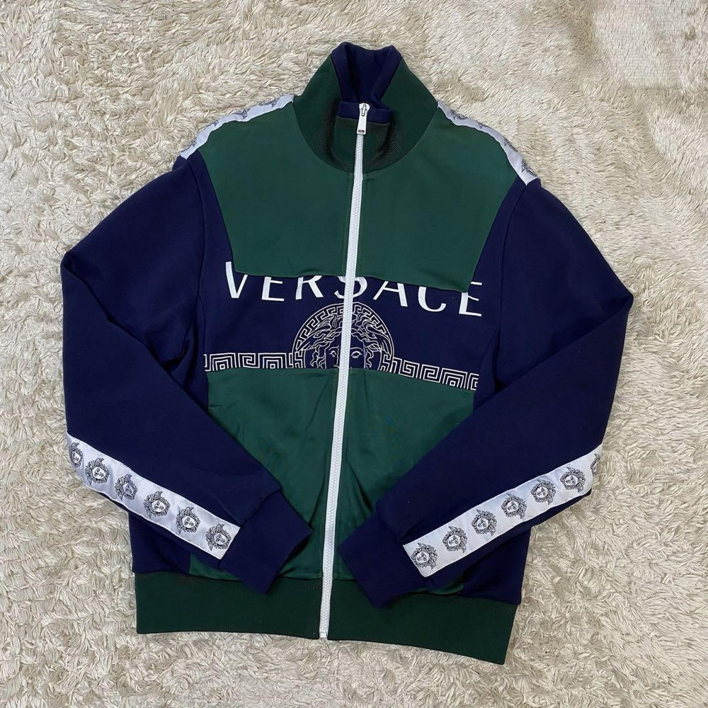 VERSACE Logo Medusa Print Track Jacket Bomber Jacket Men SizeM Navy/Green