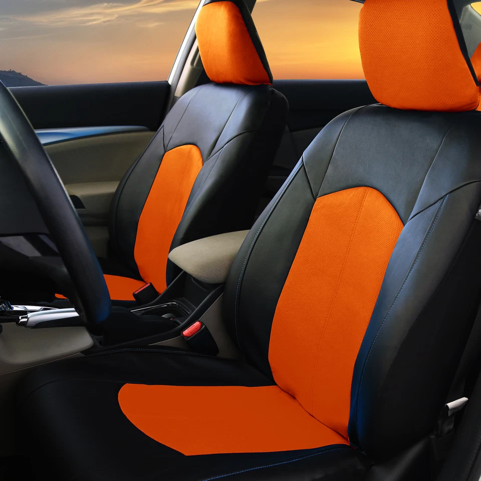 Juego de funda de asiento de coche de cuero PU negro naranja reposacabezas juego de alfombrillas Foto 3 de 4