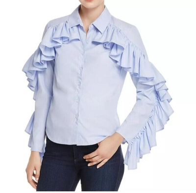 Alpha and Omega women's blue stripe shirts ruffle sleeve XS size