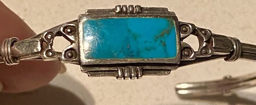 Turquoise Authentic inset in Sterling Silver Intricate bracelet. Chinese Antique