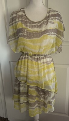 Max and Cleo Dress Sheath Size Small Brown and Yellow Layered Bottom Tie Waist