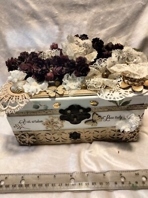 whimsical trinket box, shabby chic, handmade flowers, hinged box