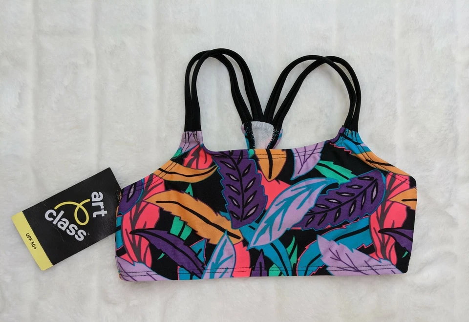 Top de bikini con estampado de hojas de selva para niñas talla XS 4/5 UPF 50+ protección clase de arte Foto 3 de 4