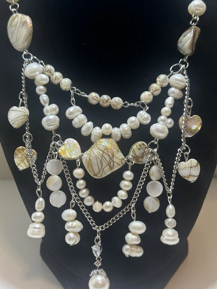 Conjunto de pendientes concha y perlas cultivadas + collar y pulsera de cinta y circonitas Foto 4 de 4