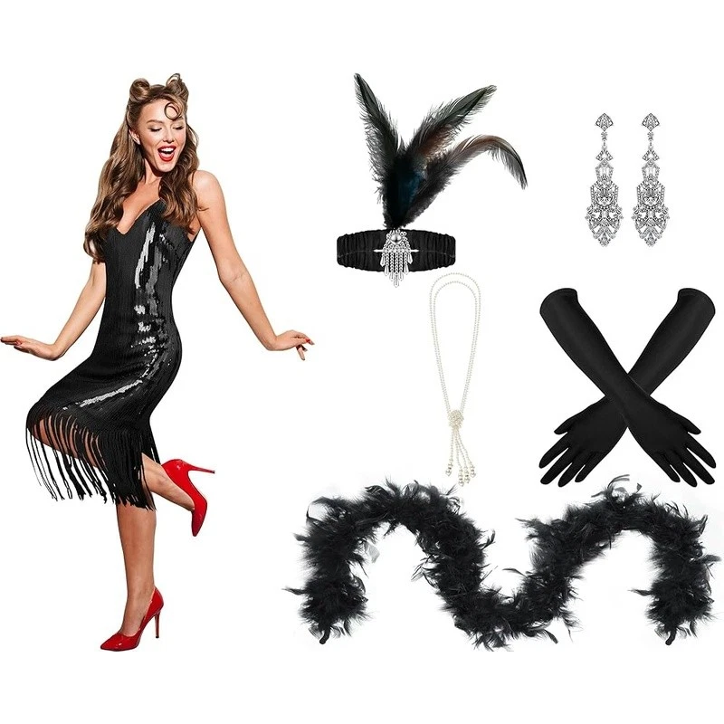 Conjunto de accesorios de vestido con aleta de 1920 con pendientes collar guantes boa sombreros nuevo Foto 3 de 4