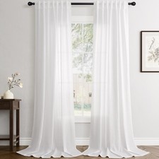Linen White Curtains 102 inches Long for Bedroom Back Tab Privacy Light Filte...