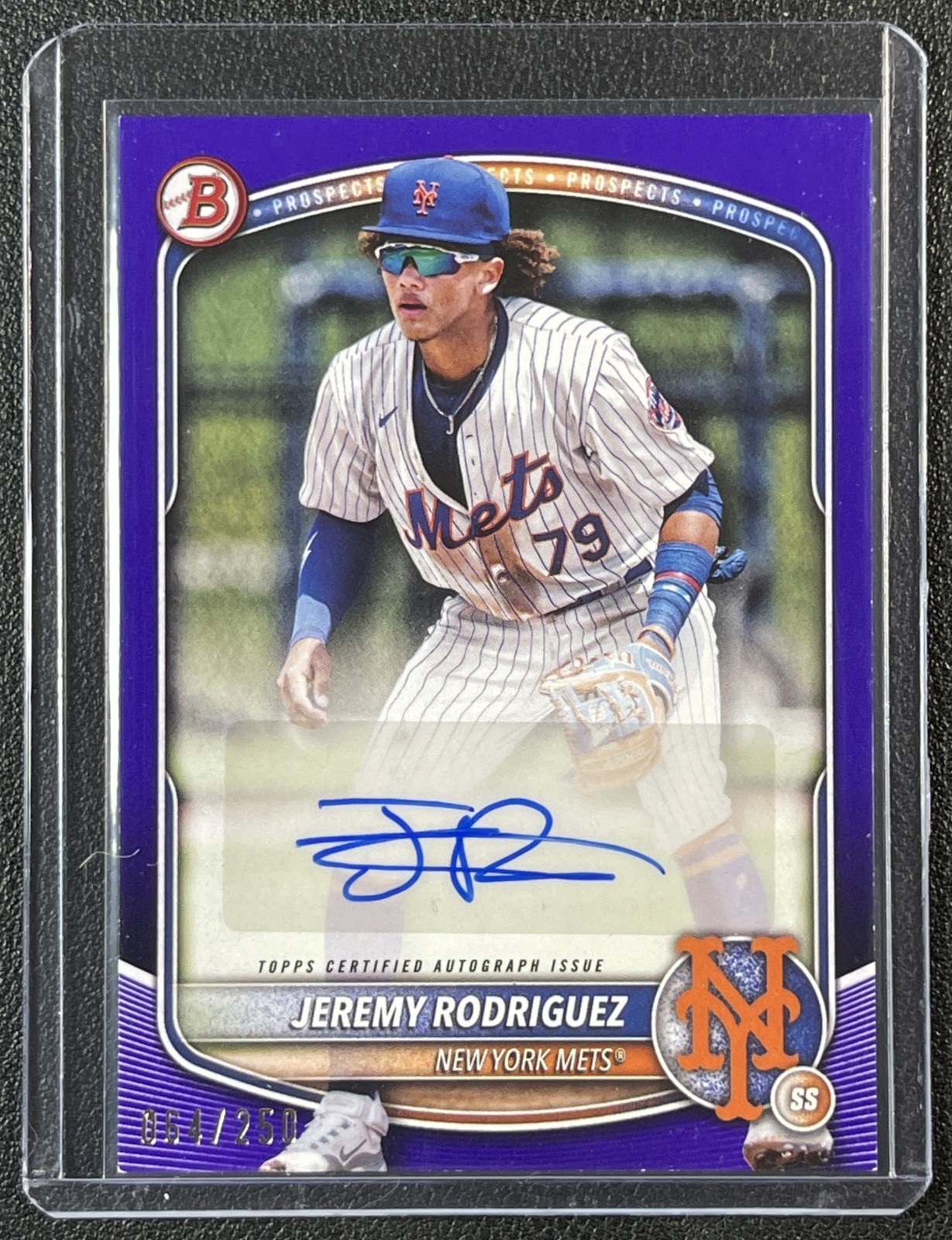 JEREMY RODRIGUEZ 2025 BOWMAN #BPA-JR PROSPECT PURPLE BORDER AUTO 064/250 METS