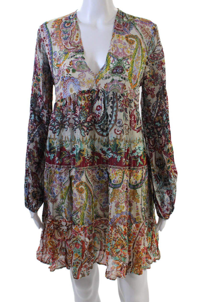 Zara Womens Abstract Floral Print V-Neck Long Sleeve Tiered Dress Multicolor SizFree Shipping in US $100+ Orders | $6.95 Orders Below
