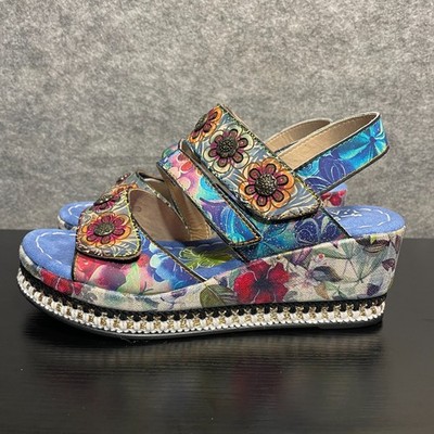 L'Artiste Spring Step Logane Sandals 7.5-8 EU 38 Floral Wedge Leather Strappy
