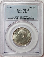 P396, Romania, Carol II, 100 Lei 1936, Bucharest Mint, PCGS MS63