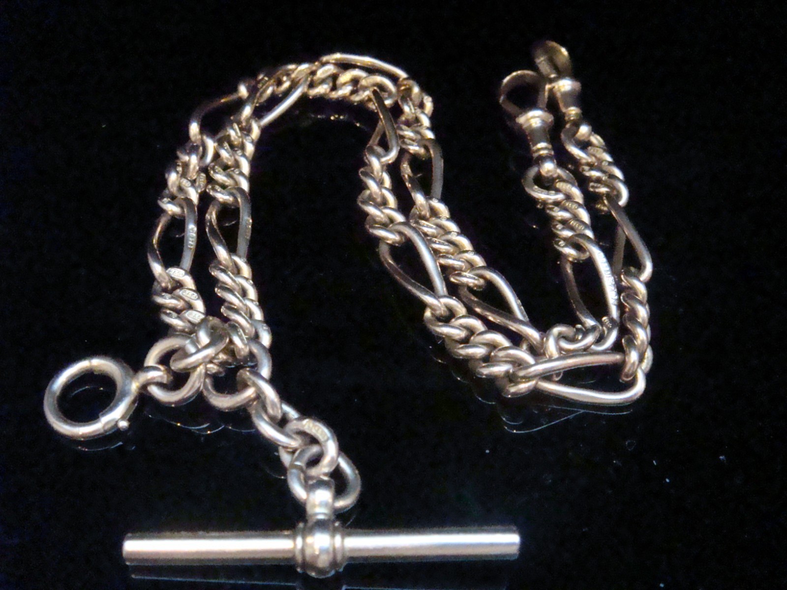 EDWARDIAN 9CT YELLOW GOLD RARE FIGARO ALBERT DOUBLE DOG CLIP T BAR 42.9G 18"