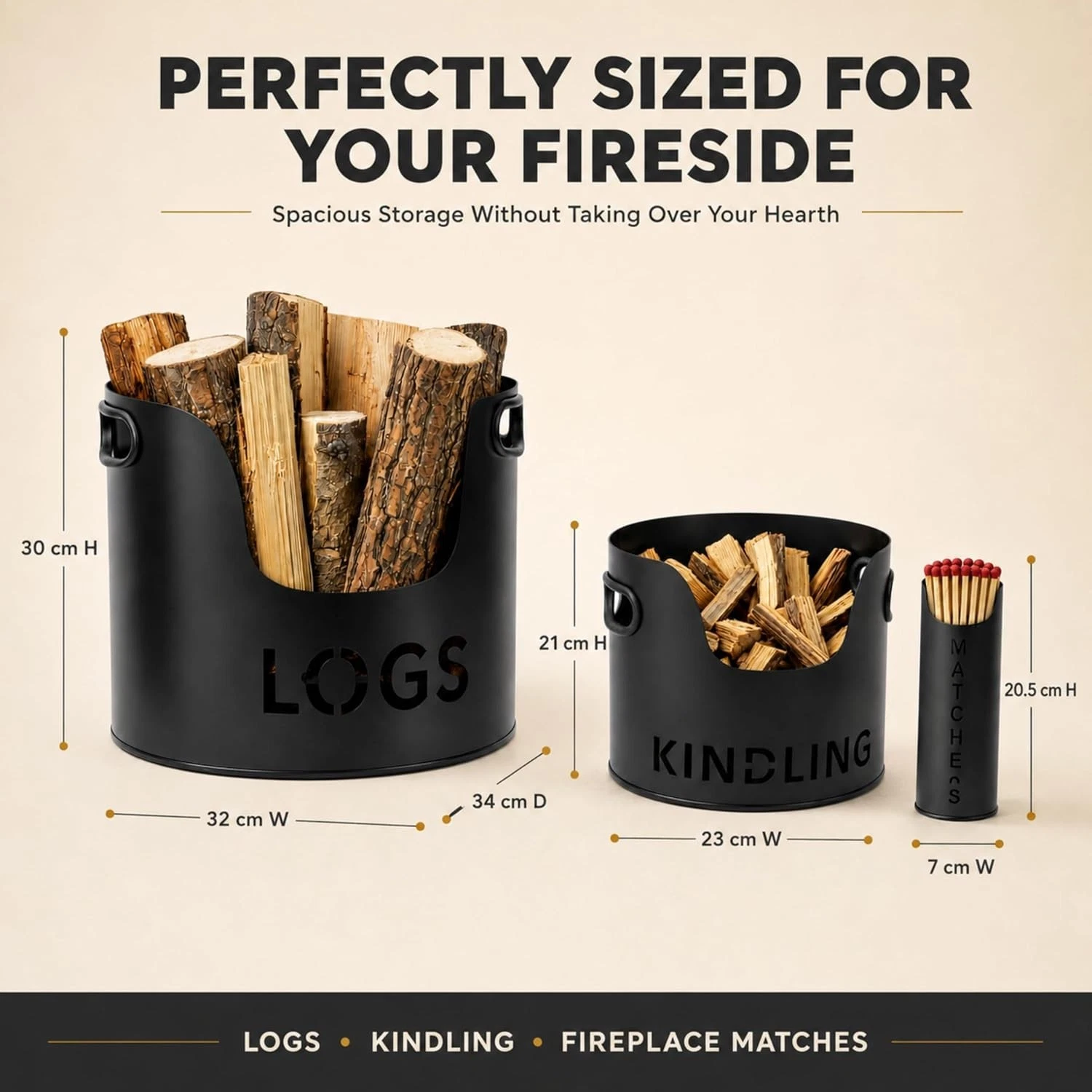 3PC Firewood Log Storage Bucket Set Kindling Match Holder Fireplace Accessories - Image 7