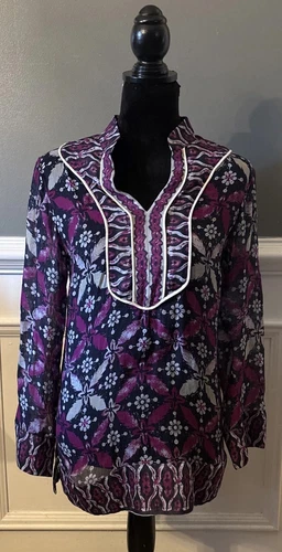 Tunica TORY BURCH viola stampa misto seta scollo a V manica lunga taglia S
