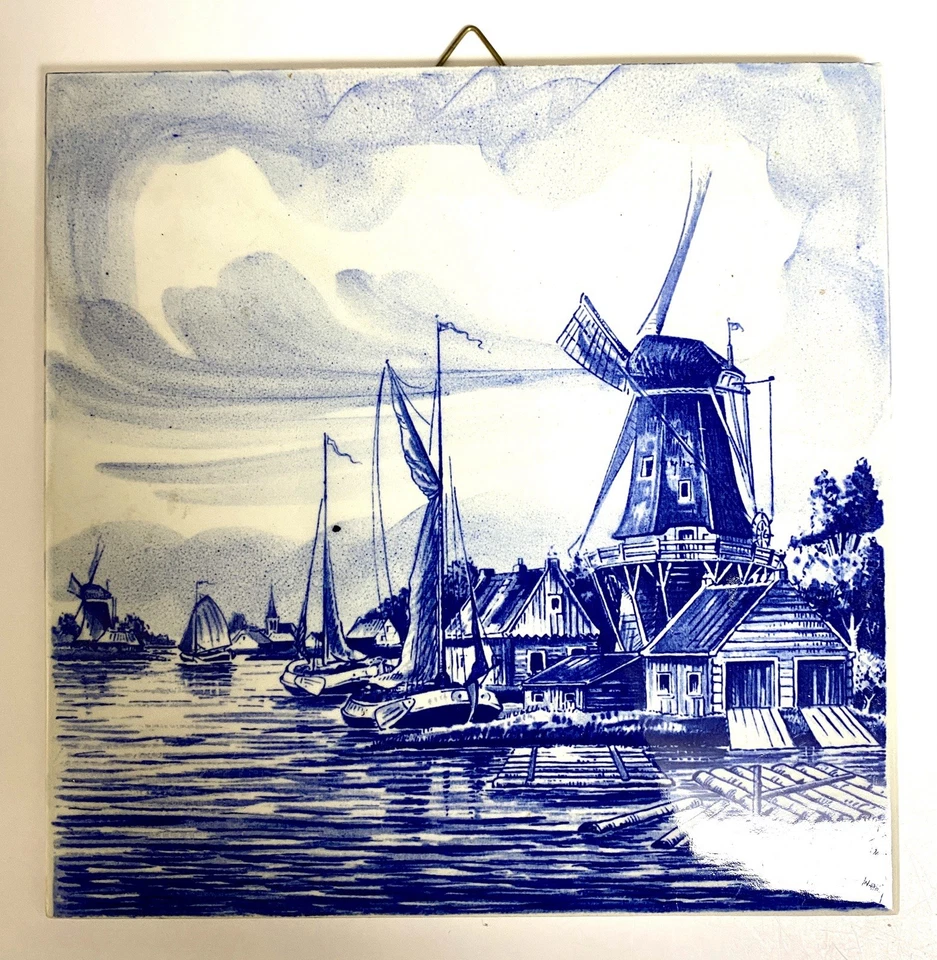De colección Delft Azulejo Holandés Azul Y Blanco Escena Náutica Con Molino de Viento Pintado a Mano Foto 3 de 4