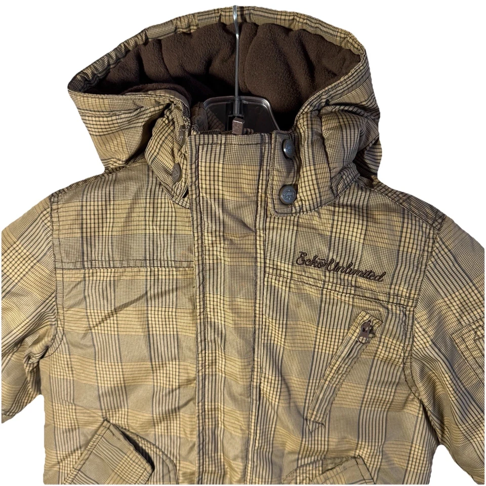 Chaqueta acolchada con capucha aislada a cuadros Ecko Unlimited para niños pequeños marrón verde - talla 4T Foto 2 de 4