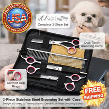 Pet Grooming Scissors Set 7" Straight Curved Thinning Shears Kit