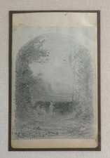 Disegno antico Vittorio Bussolino (Torino 1853-1922) paesaggio con figure