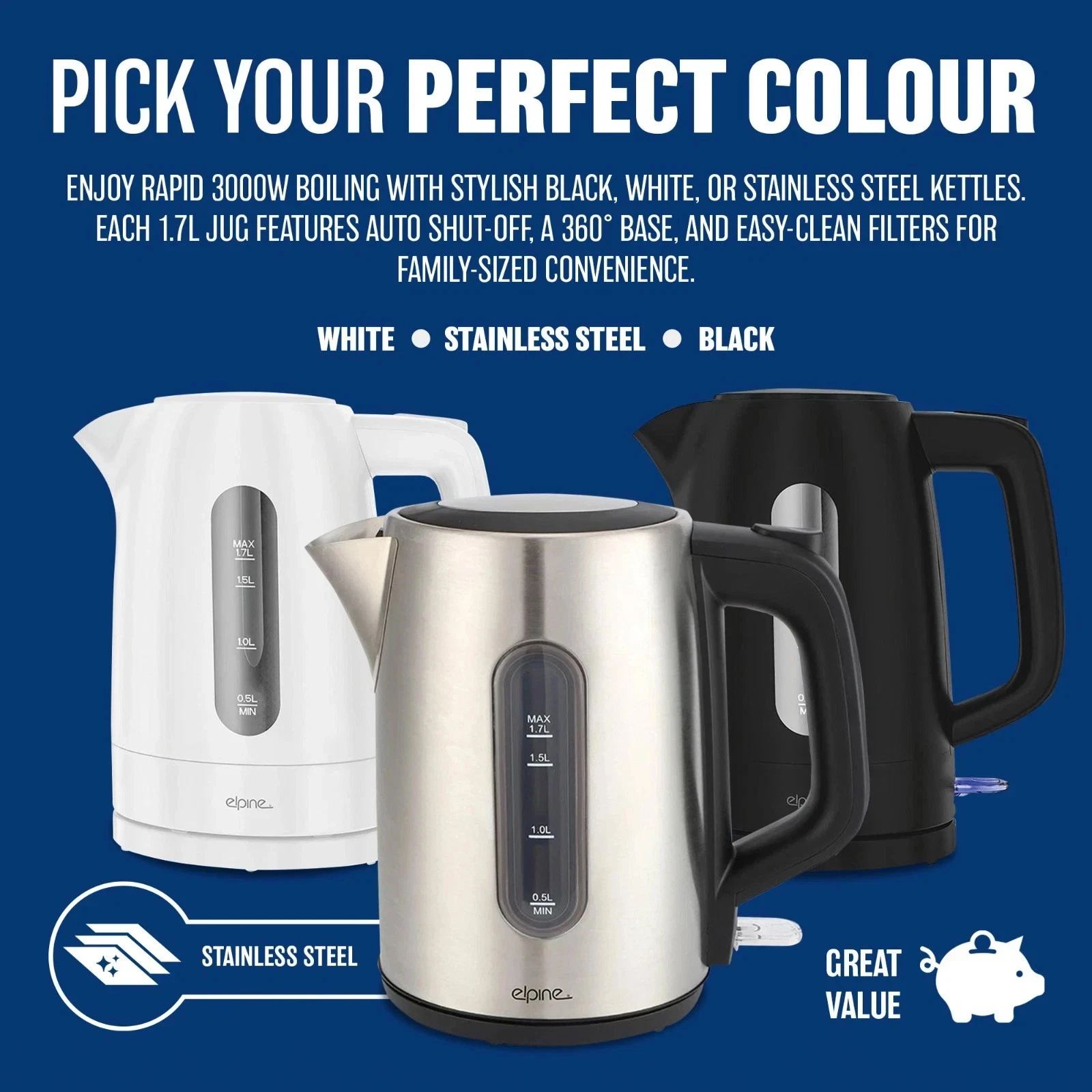 1.7L CORDLESS KETTLE ELECTRIC 3000W FAST BOIL AUTO HOT WATER SHUT OFF FUNCTION