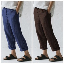 Damen Baumwolle Leinen Hose Freizeit Locker Vorne Knöpfe Harem Stil Weich Neu