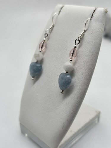 Aquamarine Heart & Moonstone w Crystal Accent Stamped 925 Earrings - Picture 6 of 7