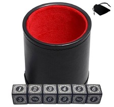  6 16mm Numbers Dice White Black w/Pouch  PU Leather Red Felt Lined Dice Cup