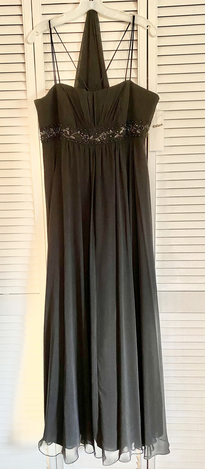Formal Maxi Dress Black Empire Waist Beaded Embellishment NWT SZ 8 W/Shawl-image