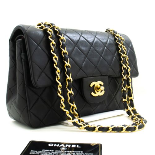 n10 CHANEL Authentic Classic Double Flap 9" Chain Shoulder Bag Black Lambskin