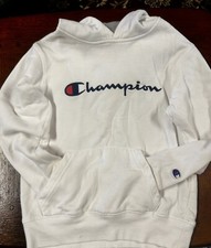 Boys White Champion Hoodie With Logo Front Pockets Size M Great Condition-Pics