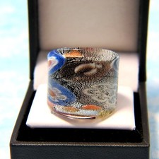 Bohemian Silver Foil abstract Floral theme Hand Blown Glass Bling Ring size 8.5