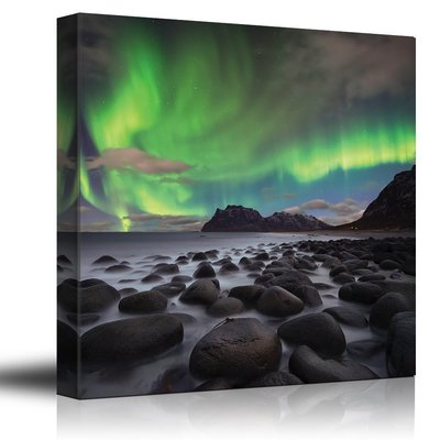 #ad Green Northern Lights Over an Ocean Filled with Rocks Canvas Art 16x16 inches $29.99