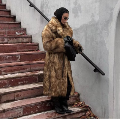 Old Money Winter Solid Lapel Long Faux Fur Overcoat Casual Thicken Warm Fluffy 