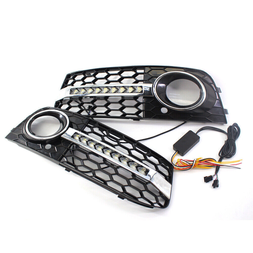 New Flowing LED Honeycomb Mesh Grille Fog Light Turn Signal DRL For AUDI A4 B8