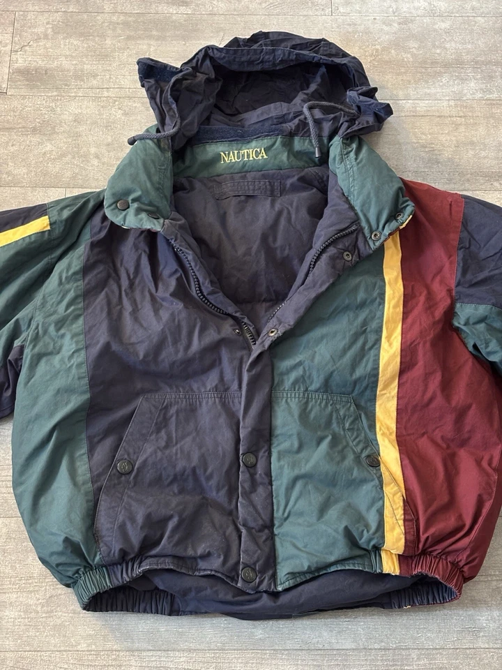 Vtg 90's Nautica COLORBLOCK Hooded Reversible DOWN Distressed PUFFER SKI Jacket - Image 2 of 4