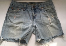 very distressed hand cut off jean denim shorts soft worn ripped fringed