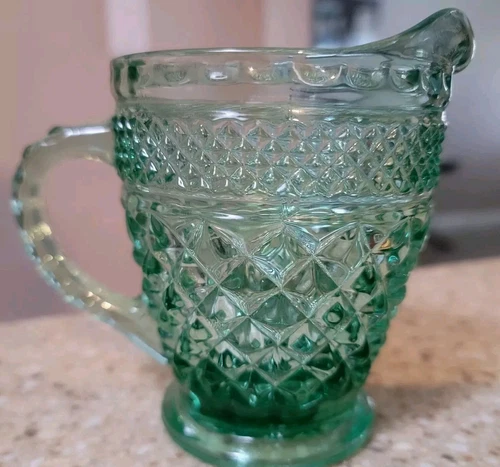 Vintage Anchor Hocking. Wexford Pattern Diamond Cut Glass Green Creamer Pitcher