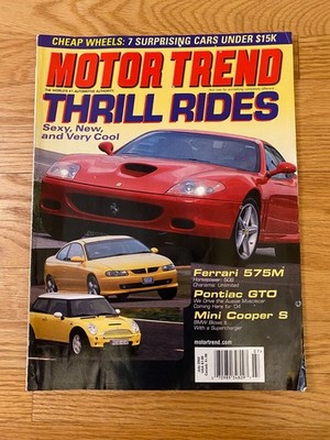 Motor Trend Magazine July 2002 Ferrari 575M Pontiac GTO Mini Cooper S Sports Car