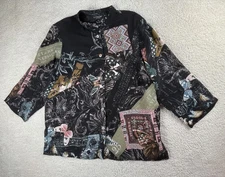 Citron Shirt Womens XL Black Silk Butterfly Floral Asian Button Up Art Top Boho