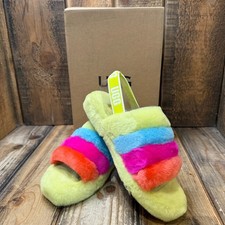 UGG FLUFF YEAH BIG KIDS US 5 SLIDE SANDALS NEON RAINBOW SHEEPSKIN SLINGBACK