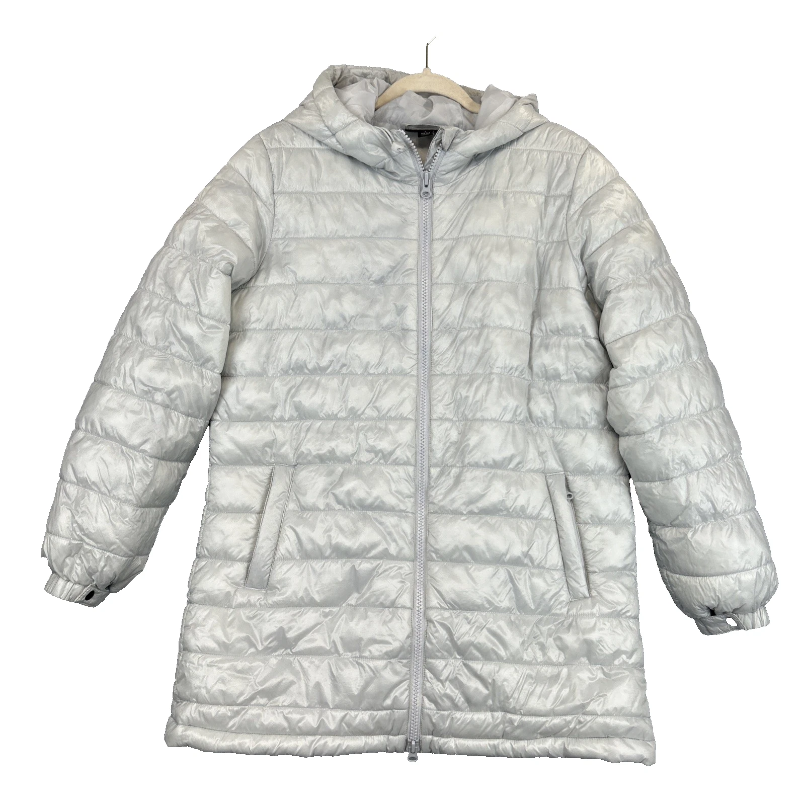Swiss Tech Mid-length Puffer Jacket Silver Zip Pockets Womens Large Hooded Cozy