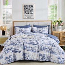WONGS BEDDING Blue Comforter Set King, 7 Pieces Bed in a Bag Farmhouse Comfor...