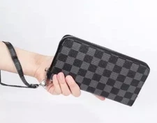 Black and Gray Checkered Wallet Zip Wristlet for Phone Credit Cash 