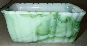 Akro Agate Milk White & Green Slag Glass Planter Rectangular Rectangle Bowl