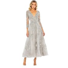 Mac Duggal 16 20336 NEW Platinum Silver Embellished Wrap Over 3/4 Sleeve Dress