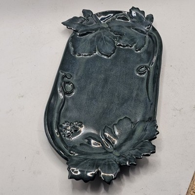 Studio Art Pottery Trinket Dish Tray With Applied Holly Berry Leaves Signed 9.5''