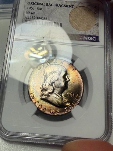 1961 Franklin Half Dollar, NGC MS64, Rainbow Toned! Cool Holder