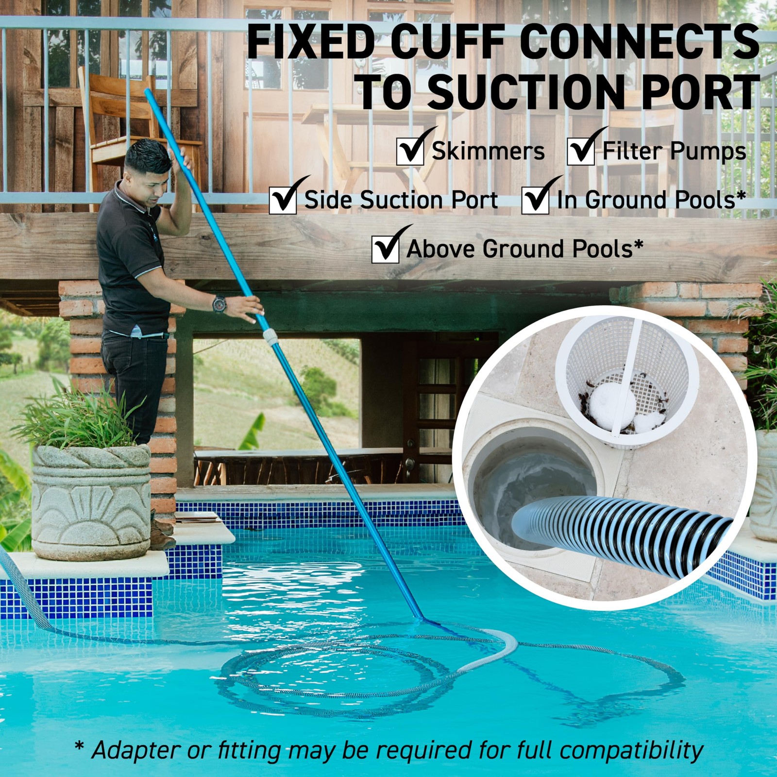 Swimming Pool Vacuum Hose 1-1/4" x 30-Ft, Swivel Cuff Kinkproof Design, Made ...