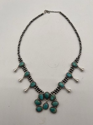Premium  Squash Blossom Necklace Handmade Sterling And Kingman Turquoise
