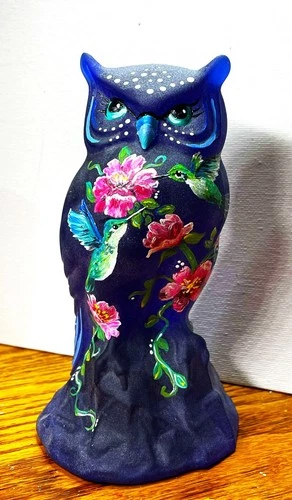 Fenton Cobalt  Glass   Beautiful  Hummingbird  Floral   6"  OWL  Rachelle   OOAK